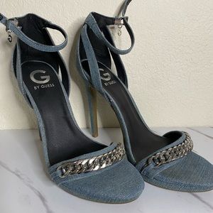GUESS denim strappy heels with chain detail